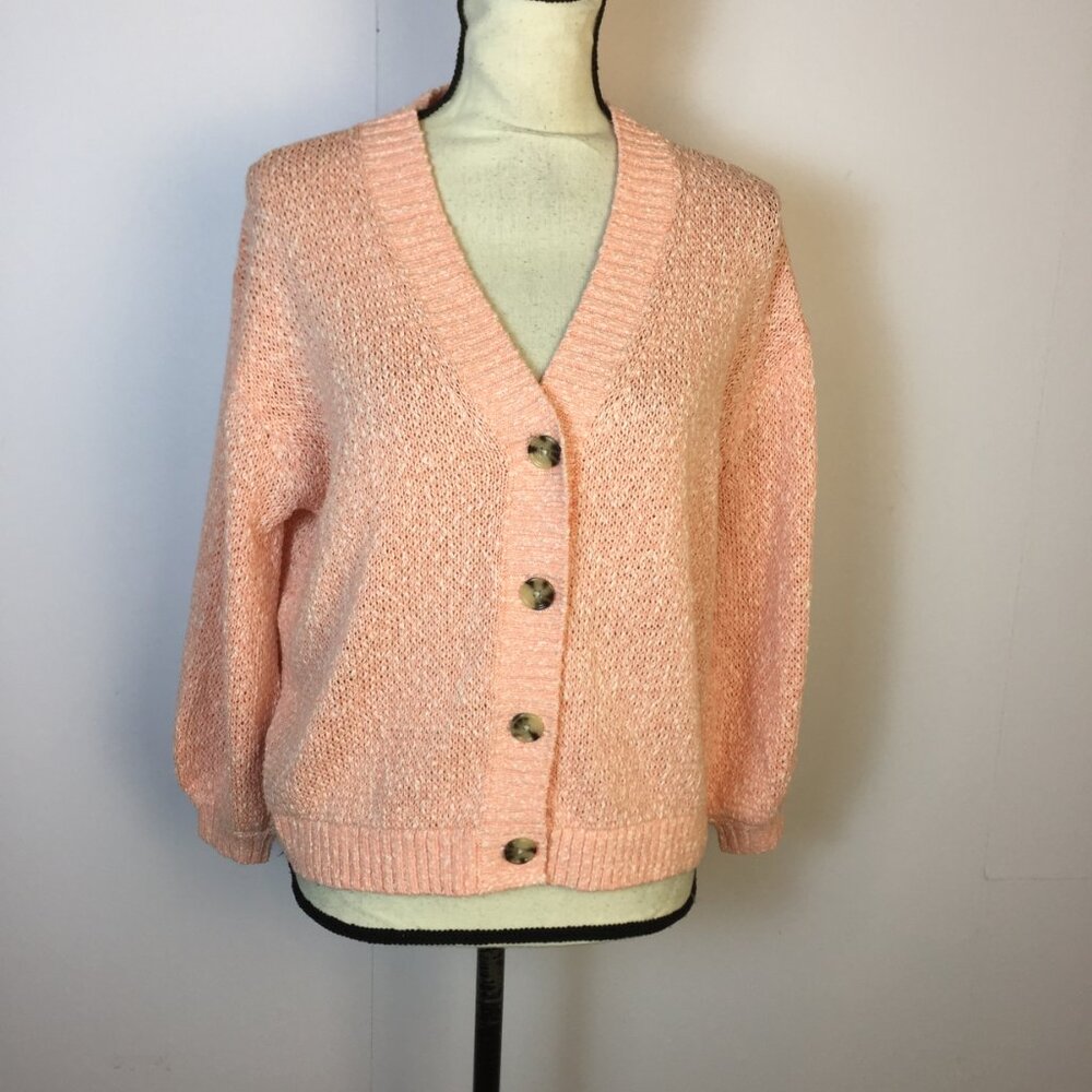 Loft Cardigan Sweater Size M Woman Pink Peach V-neck 3/4 Sleeve Open Knit Button